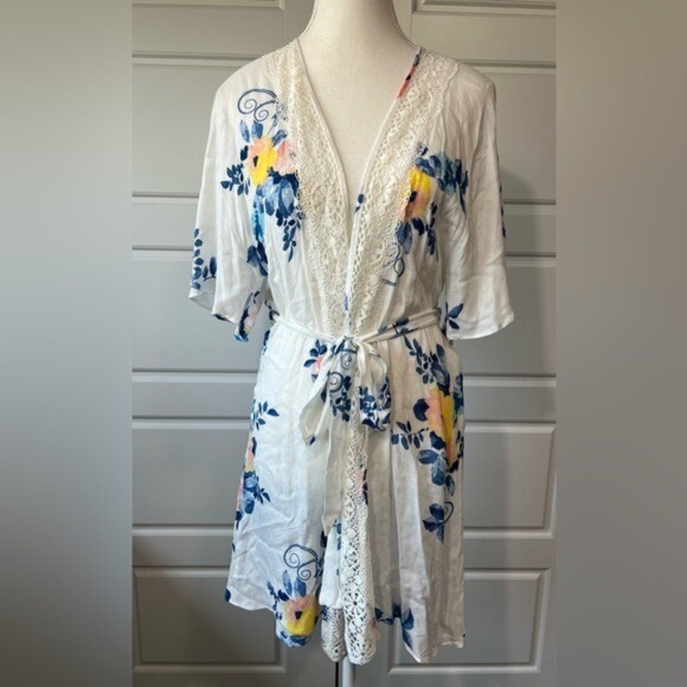 In Bloom Floral Kimono Duster Crochet Trim Open Front Cover Up Bohemian Robe LG